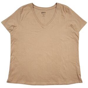 Pact Organic V Neck T Shirt Womens XL Tan Cotton Short Sleeve Lightweight Casual